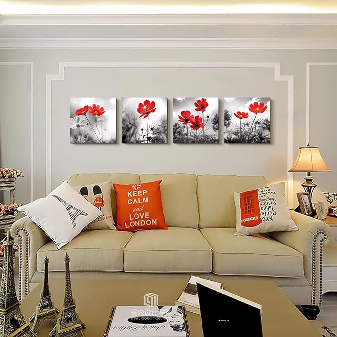 Wall art 4Panel Modern Salon Theme Black and White Plant The red flower Flower Abstract Painting Still Life Canvas Wall Art for Home Decor Flower Canvas Print Wall Art Painting For Living Room Decor