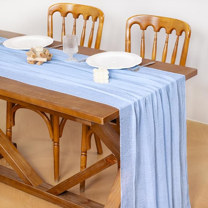 Socomi 6pcs Blue Valentine's Day Gauze Cheesecloth Table Runner 120 Inch Rustic Boho Cheese Cloth Runner for Wedding Party Baby Bridal Shower Centerpiece Decoration Holiday Home Decorations