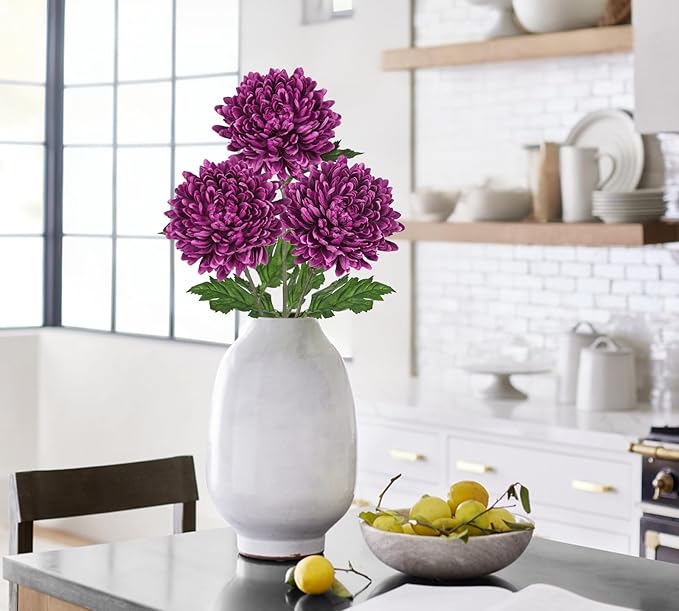 Hollyone 3Pcs Fake Mums Flowers Purple Artificial Chrysanthemum Flowers Silk Long Stem Floral Arrangements Bouquets Faux Spider Mum Flower Pincushion Flower Bush Spring Home Decor