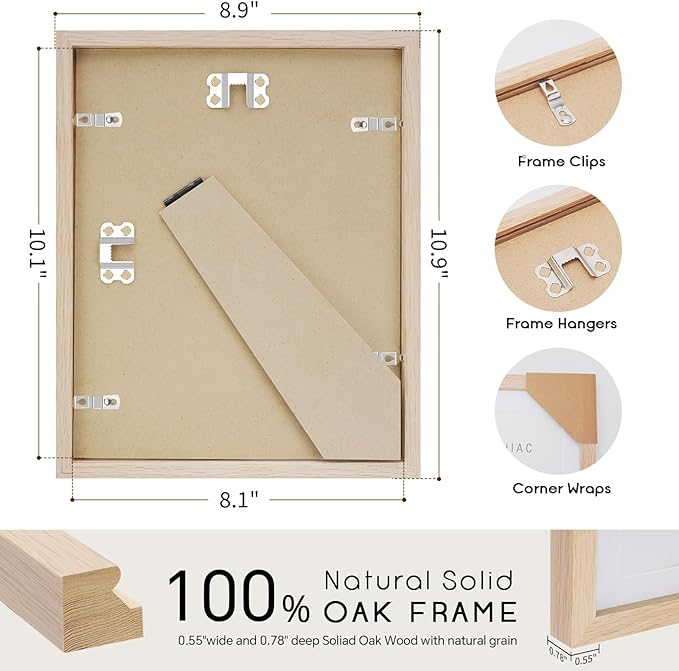 8x10 Oak Wood Picture Frame -8x10 Frame Wood, 8"x10" Natural Solid Wood Poster Frames for Wall Art Photo and Prints(3 Pack, Beige)