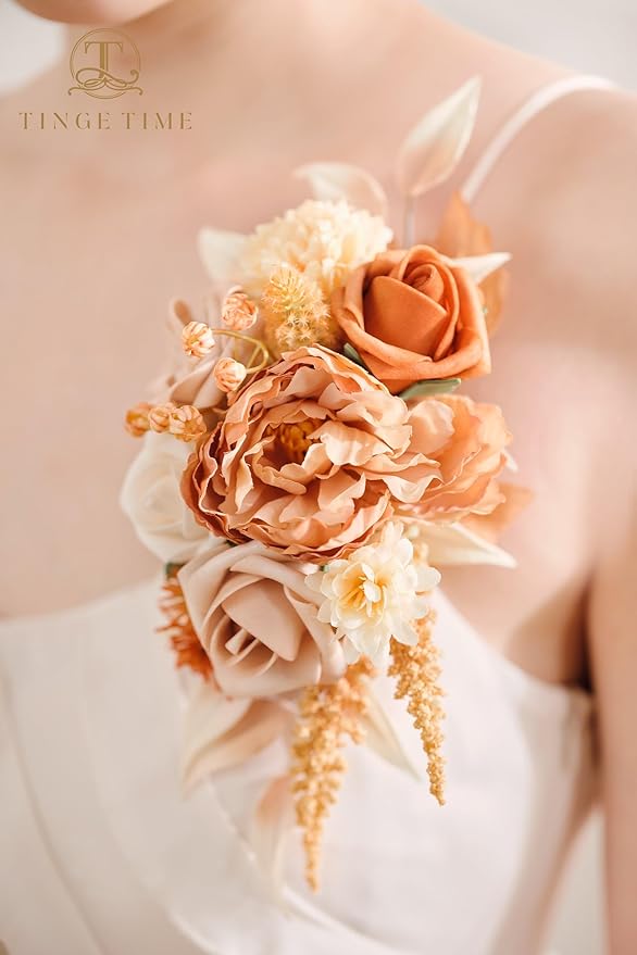 TINGE TIME 2pcs Wedding Shoulder Corsages Artificial Flowers Terracotta Cream, Mother of The Bride/Groom Corsage for Fall Wedding, Homecoming, Prom, Anniversary & Formal Dinner Party