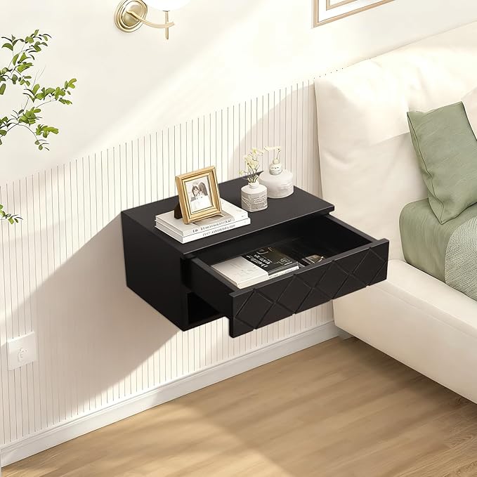 Floating Nightstand, Small Modern Floating Nightstand with Drawer, Floating Shelves for Bedroom, Bathroom Minimalist and Unique Style 16”x 10”x 8”Black