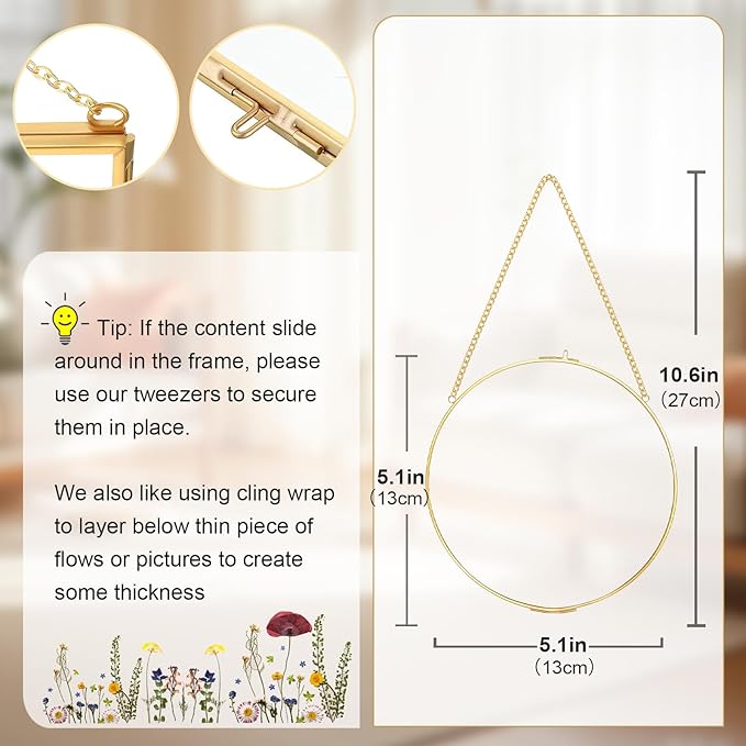 FOCHIER F 2pcs Pressed Flower Frames with Tweezers, Wall Hanging Tabletop Display Double Glass Round Frames with Metal Chain for Pressed Dried Flowers Plants Horizontal and Vertical Picture Frame