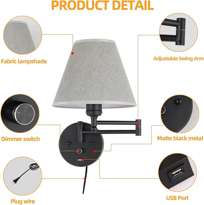 Swing Arm Wall Lamp.Wall Mount lamp with Dimmable Switch.Plug in Wall Sconces with USB Charging Port. Black Sconces Wall Lighting Suitable for Bedroom,Living Room.