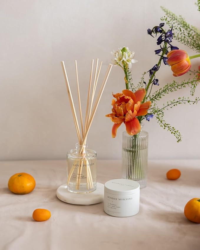 Brooklyn Candle Studio Reed Scent Diffuser - Relaxing Oil Diffuser, Sandalwood & Amber Fragrance, 8 Rattan Diffuser Reeds, Clean Ingredients (3.7oz, Love Potion)