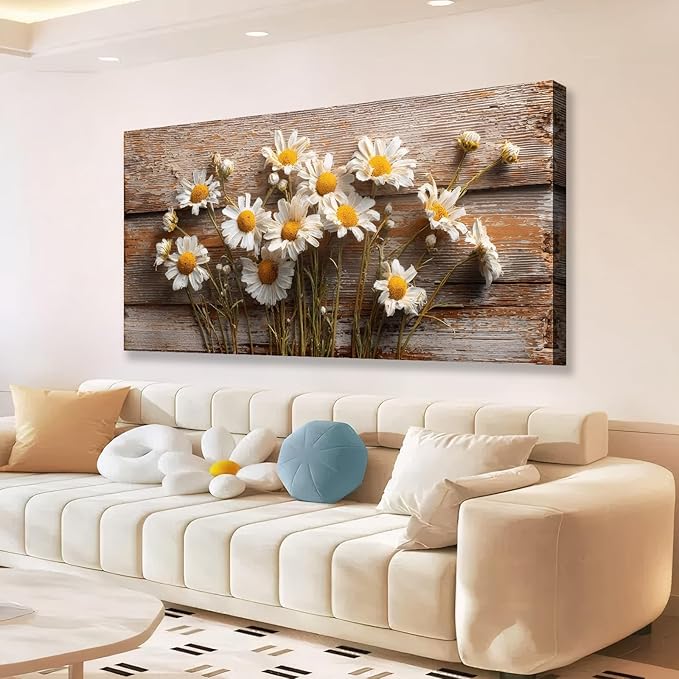KZKU Rustic Daisy Canvas Wall Art-Large Farmhouse Floral Print-White Flowers on Weathered Wood Background- Modern Decor for Living Room Bedroom 20X40in