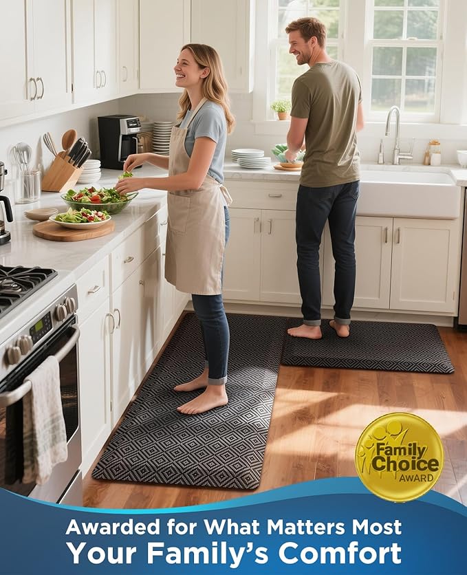Ophanie Kitchen Mats for Floor, 3/4 inch Thick, 17x24 Anti Fatigue Cushioned Mat, Kitchen Rugs, Waterproof, Comfort Ergonomic Standing Mat for Office, Home, Sink, Black Non-Slip Ridged Bottom