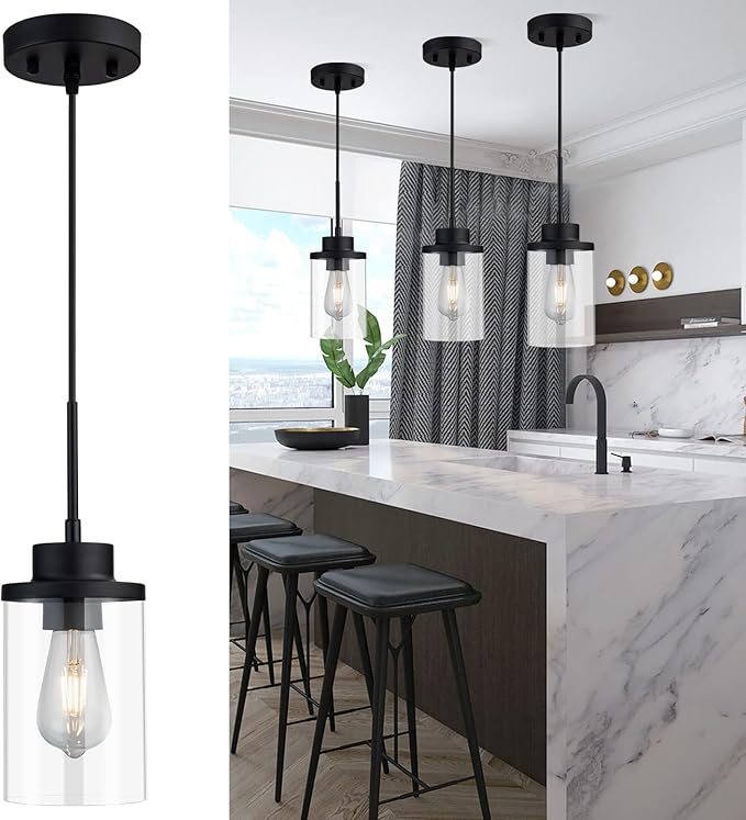 Modern Black Farmhouse Clear Glass Cylinder Pendant Light Fixture, Single Hanging Pendant Lighting for Kitchen Island, Dining Room, Bedroom & Hallway(3 Packs)