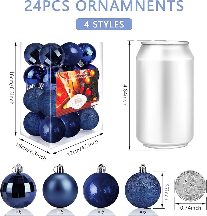 Aitsite 24ct Christmas Tree Ornaments Set 1.57 inches Mini Shatterproof Holiday Ornaments Balls for Christmas Decorations(Navy Blue)