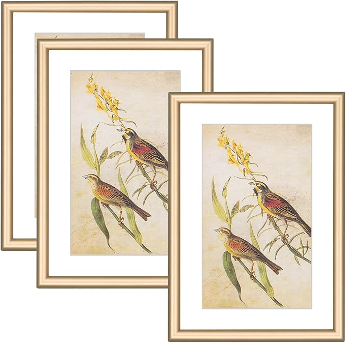 4x6 Picture Frame Set of 3, Matte Brass Modern Thin Aluminum Metal Photo Frame with HD Glass, Fits 3x5 with Mat or 4 x 6 without Mat, for Tabletop and Wall Mounting
