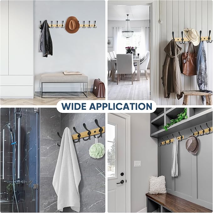 TICONN Wall Mounted Coat Rack, Five Heavy Duty Tri Hooks All Metal Construction for Jacket Coat Hat in Mudroom Entryway (Wood Black, 1-Pack)