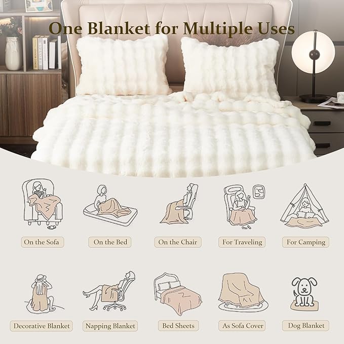 Fluffy Blanket White - Soft Throw Blanket for Couch, Fuzzy Plush Rabbit Faux Fur Blanket, Cute Cozy Blankets for Women, Thick Bubble Blankets for Bed Sofa Bedroom Living Room - 71" x 90"