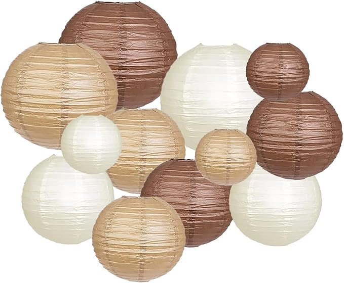 ZOOYOO Brown Paper Lanterns Decorative, Caramel Boho Party Hanging Paper Lanterns Decorations for Rustic Neutral Birthday Wedding Bridal Shower Western Graduation Home Decor Party Decoration 12PCS