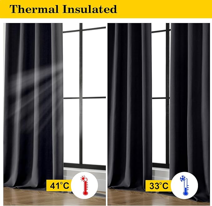 Black Blackout Curtains for Bedroom Living Room 96 Inches Long 2 Panels, Soft Solid Room Darkening Thermal Insulated Window Treatments, Modern Rod Pocket Curtain, Black, Each 40" Wx96 L