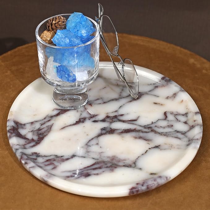 Natural Marble Tray, Coffee Table, Food, Fruit, Paper Cup, Cake Display, Coffee bar, Family Gatherings, Seasonal Holiday Decoration Tray(Viola-Circular-9.8"x9.8"x0.7")