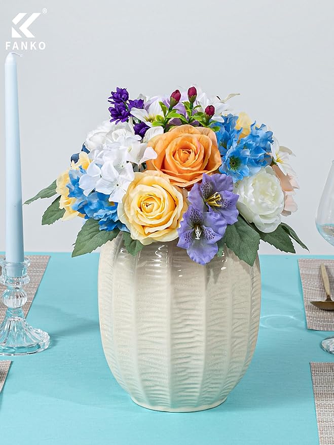 FANKO Artificial Flowers Fake Silk Rose, Mixed Combo Orange Rose Flowers Dark & Light Blue Cream Roses Delicate Blooms Set for Wedding Bridal Bouquets/Centerpieces/Home Decorations