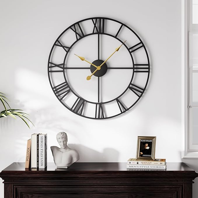 Cuspin 20 Inch Wall Clock Large Clock Battery Operated, Black Metal Round Wall Clocks Modern Silent Non-Ticking Decorative Clock for Living Room Bedroom - Roman Numerals