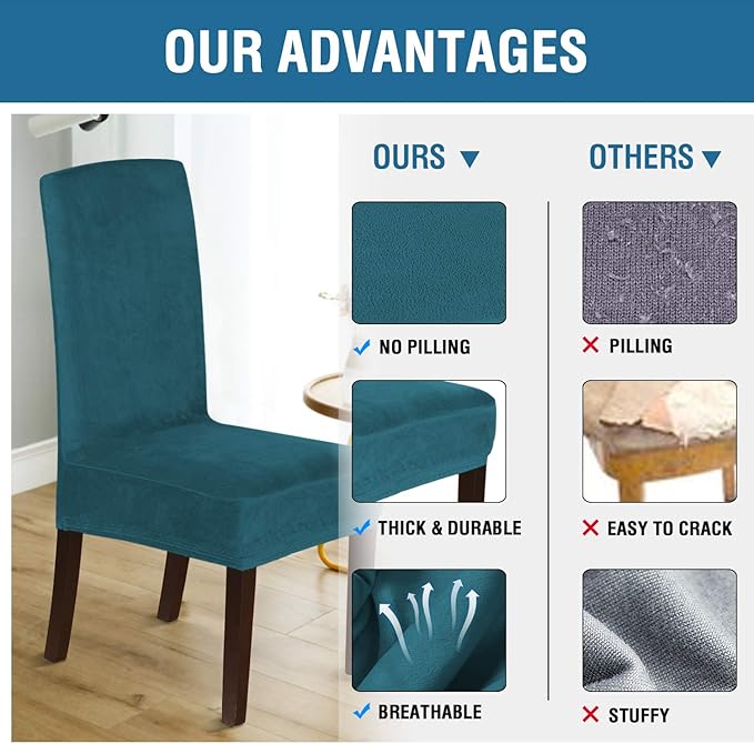 H.VERSAILTEX Velvet Dining Chair Covers Stretch Chair Covers for Dining Room Set of 2 Parson Chair Slipcovers Chair Protectors Covers Dining, Soft Thick Solid Velvet Fabric Washable, Deep Teal