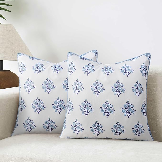 Adabana Outdoor Waterproof Floral Pillow Covers Set of 2 Blue and White Throw Pillow Covers 18x18 Inch Square Decorative Cushion Case for Farmhouse Sofa Patio Couch Living Room