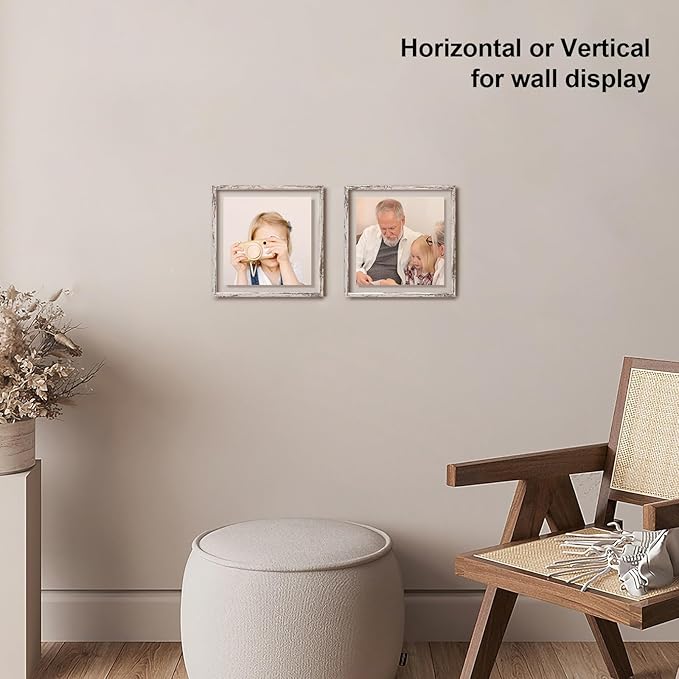 Egofine Distressed White 8x8 Floating Frames Set of 2, Double Plexiglass Picture Frame, Made of Solid Wood Display Any Size Photo up to 8x8, Wall Mount or Tabletop Standing