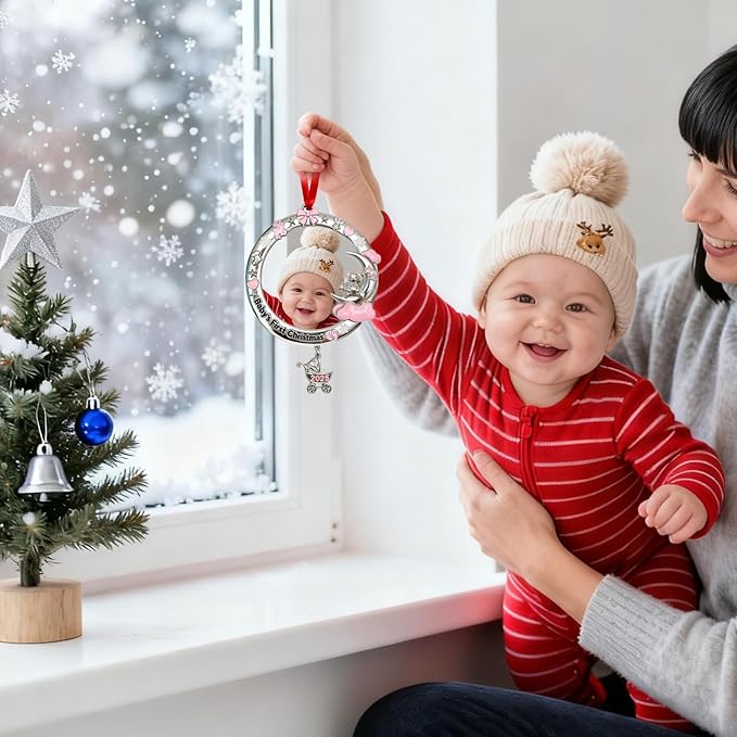 Babys First Christmas Ornament 2025 My Very First Christmas Photo Frame 2025 Dated Metal Picture Frame Xmas Tree Decor Baby Keepsake Newborn Boys Girls Gifts for Son Daughter Grandson Granddaughter