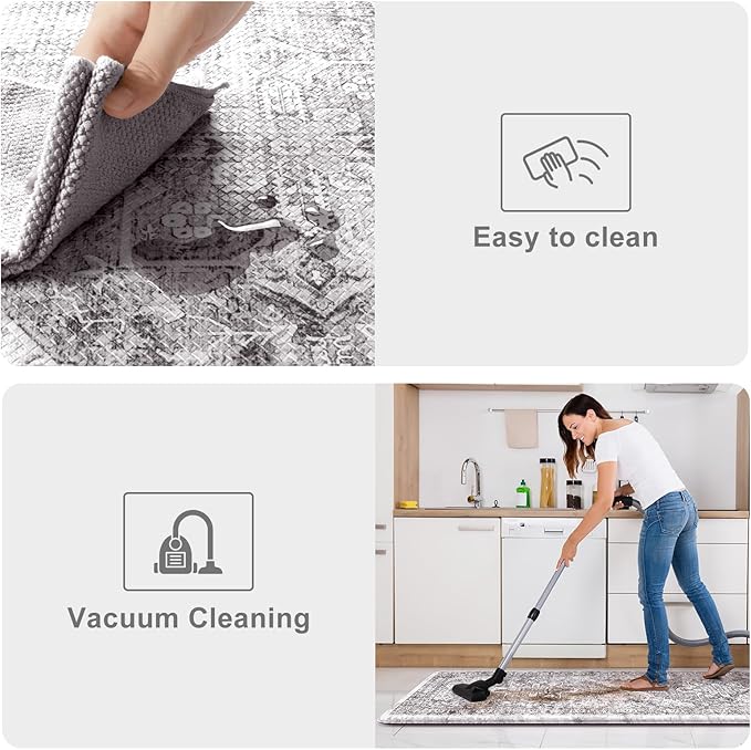 KIMODE Anti Fatigue Cushioned Kitchen Mats for Floor 2 Piece, Boho Vintage Kitchen Rugs Non Skid, Comfort Memory Foam Standing Desk Mats for Laundry Office Sink 20"x59"+20"x32" Grey