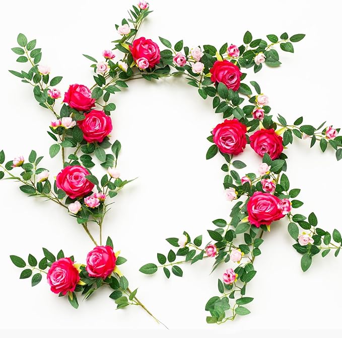 6FT Bendable Flower Garland, Artificial Rose Vine Hanging Floral Garland Decoration for Weding Home Room Wall Decor (Fuchsia, 1pcs)