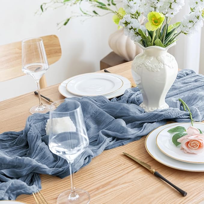 Asee'm 6pcs Cheesecloth Table Runner 120 Inches Long Dusty Blue Boho Gauze Cheese Cloth Runner 10FT Rustic Sheer Table Runners for Christmas Wedding Party Baby Shower Spring Easter Decoration
