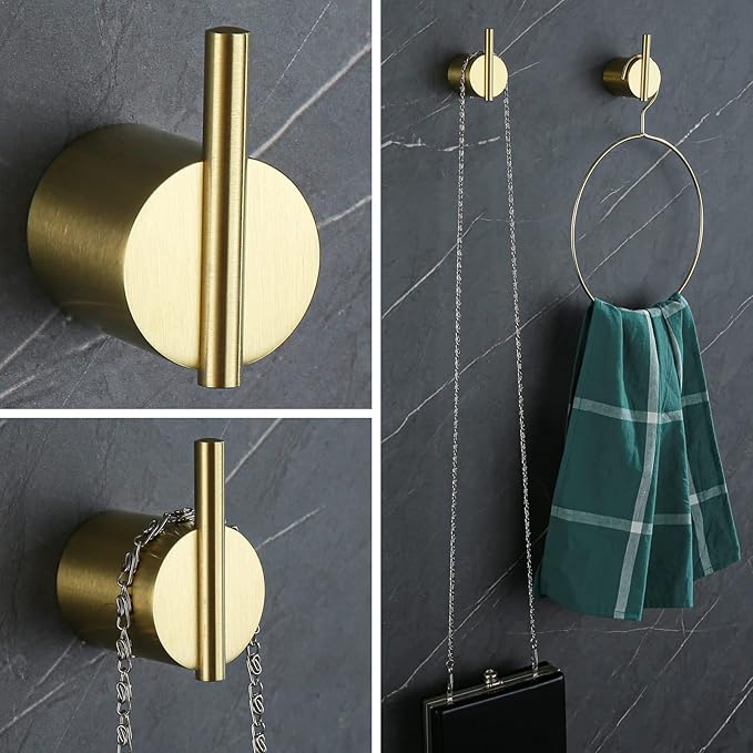 RANDOM Brushed Gold Towel Hook,Gold Hooks for Wall 304 Stainless Steel Towel Hooks for Bathrooms Kitchen Modern Towel Hook Wall Mounted Hand Towel Holder Coat Hooks 2 Pack.96068-8BG2