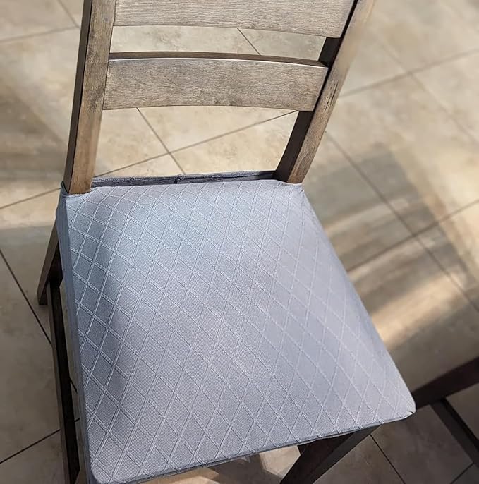 SearchI Stretch Dining Chair Seat Covers Set of 4, Soft Washable Seat Covers for Dining Chairs, Dining Room Seat Cover Protector (Rear-Covered, Check Jacquard Light Grey)