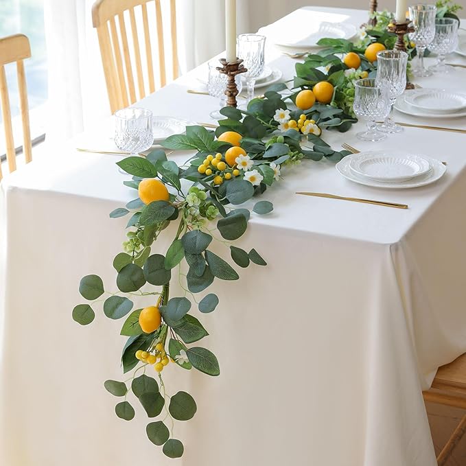 Mizii Artificial Lemon Garland 6FT Fake Fruit Lemons Garland with Berries Green Leaves Hanging Vines Greenery Decorations for Kitchen Table Centerpieces Room Party Birthday Decor (Lemon with Berries)