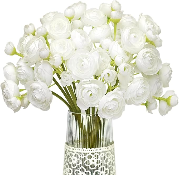 Letjolt Ranunculus Artificial Flower White Silk Flowers Faux DIY Bouquet for Wedding Engagement Centerpieces Arrangements Bridal Shower Decorations Home Decor 18pcs