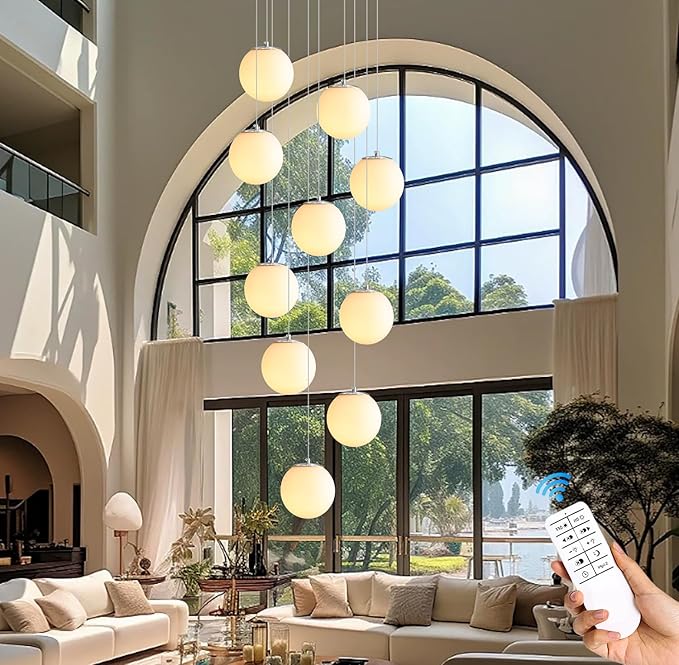 LED Staircase Chandelier Glass Globe Pendant Light Chrome Large Chandeliers for High Ceiling,10-Lights Hanging Flush Mount Lighting Fixtures for Foyer,Entryway,Living Room