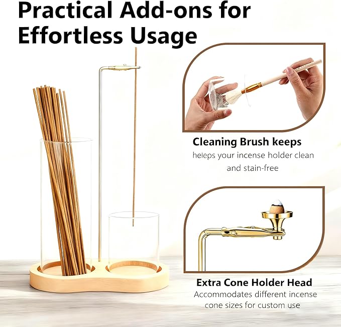 3-in-1 Incense Holder for Sticks with Enlarged Ash Catcher, Anti-Scatter Glass Tray for a Serene Home, Yoga, or Spa, Includes Dedicated Cone Holder and Cleaning Brush（Not Included Incense Sticks）