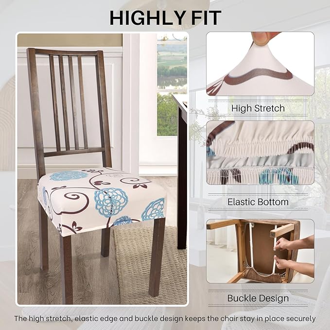 SearchI Stretch Dining Chair Seat Covers Set of 4, Soft Removable Washable Seat Covers for Dining Chairs, Dining Room Seat Cover Protector (Rear-Covered, Ball Flower)