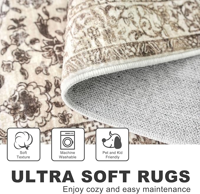 KILOCOCO Hallway Runner 2x5 Kitchen Runner Rug Printed Vintage Floral Washable Non-Slip Rubber Backed Runners for Hallways Laundry Room Distressed Boho Rugs for Entryway Bedroom, Beige/Brown