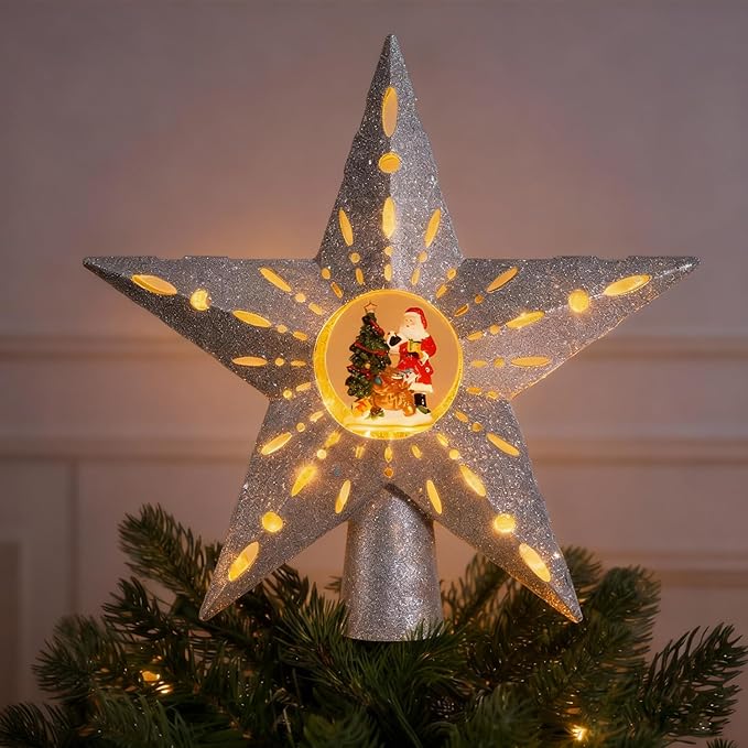 Silver Rotating Christmas Tree Topper Star with Santa Scene, 4 Warm Yellow LED Lights, Spinning Motion, Glitter Silver Finish, Tree Decoration with 9.8FT Power Cord for Holiday Home Decor