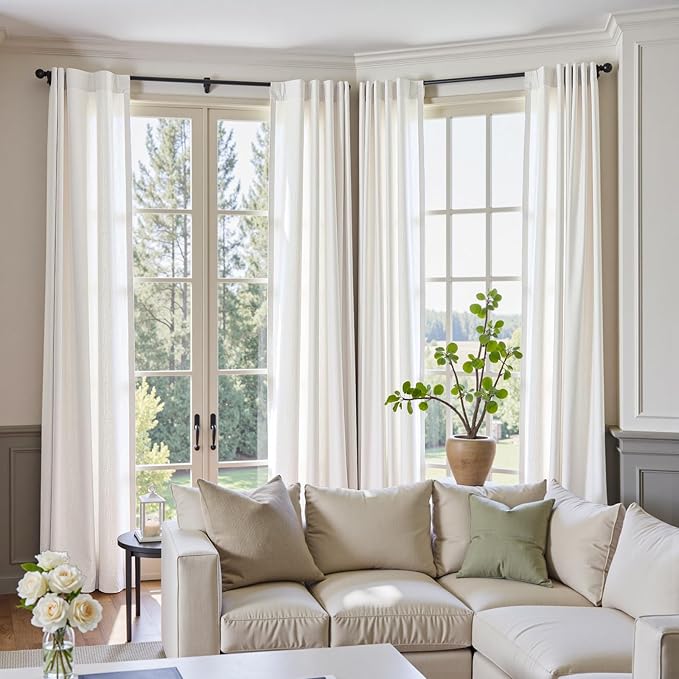 jinchan Linen Curtains 50W x 96L Inch Off White for Living Room Farmhouse Curtains Clip Rings Back Tab Rod Pocket Drapes 4-Panel Set