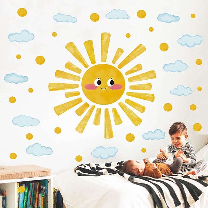 Large Sun Wall Decals Watercolor Cloudy Wall Stickers for Kids Room, Smile Sun Polka Dots Clouds Wall Decor Stickers Peel and Stick Art Murals Decorations for Nursery Classroom Bedroom