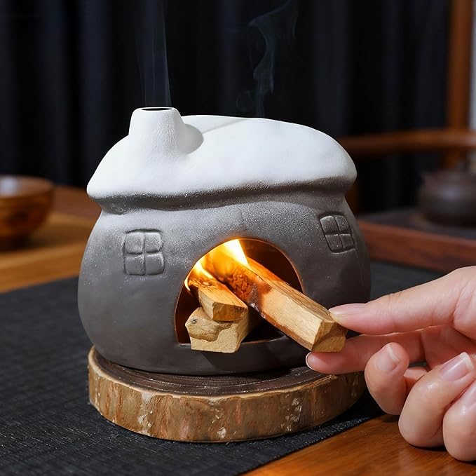 Wide Snow-Roofed Palo Santo Burner - Mini Chiminea Incense Holder, Tabletop Chiminea Palo Santo Stick Holder Ideal for Smudging Sage, Burning Incense Cones for Zen-Inspired Home Decor Gift