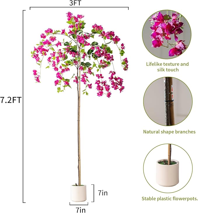 7.2FT Artificial Bougainvillea Tree Artificial Tree Tall Potted Fake Bougainvillea Trees for Outdoor Indoor Lifelike Potted Faux Plants with Wood Trunk and Flowers Office Wedding Home Decor