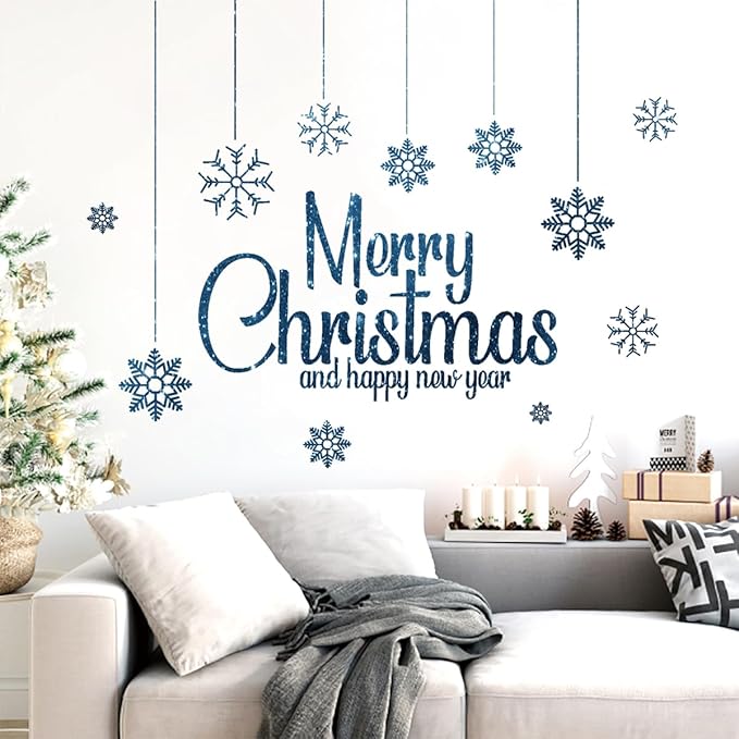 Merry Christmas and Happy New Year Wall Decal Snowflake Quotes Stickers Decorations 26" × 24" Peel and Stick Wall Saying Letters Vinyl Decor Art Decals for Livingroom Bedroom Office Window Decorations