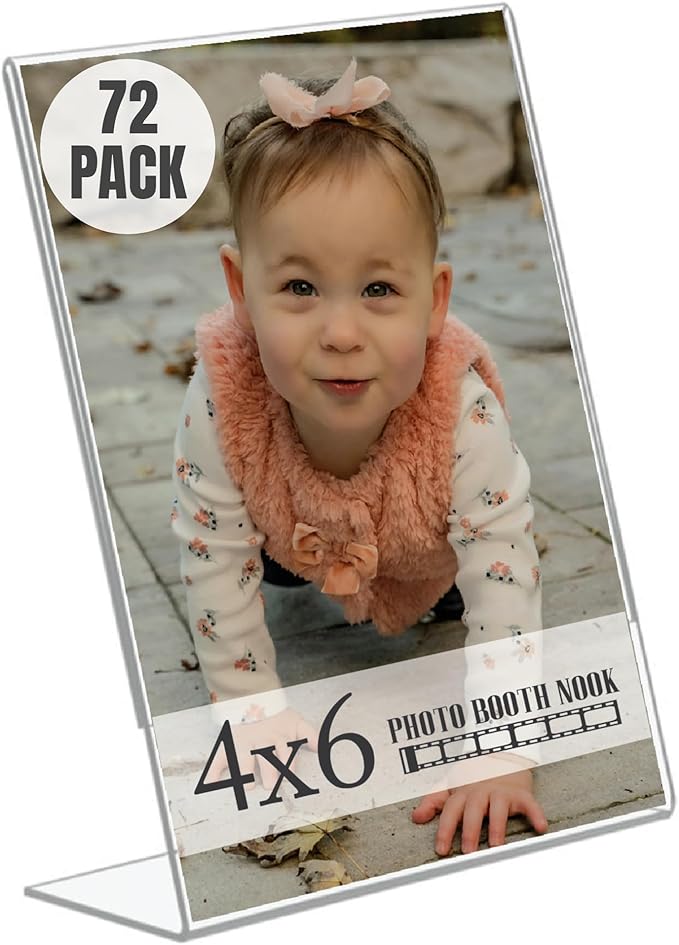 Photo Booth Nook | 4x6 Acrylic Sign Holder (72 Count) | Crystal Clear Acrylic Picture Frames | Bulk Picture Frames 4x6 | Vertical Orientation