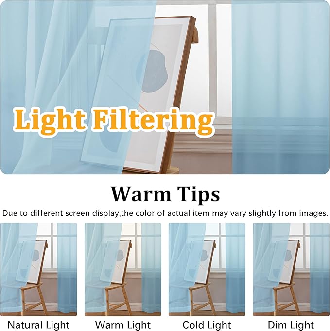 Gwine Sky Blue Sheer Kitchen Curtains 36 Inch Length, Light Filtering Voile Soft Airy Small Cafe Curtains, Short Window Curtain for Bathroom Basement, 42x36 inch, 2PCS