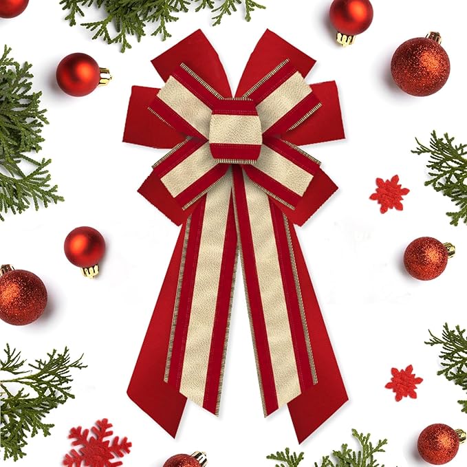 Hying Large Christmas Bows for Wreath, Christmas Wreath Bow Glitter Gold Red Velvet Bow Winter Xmas Tree Bows Ornaments for Front Door New Year Christmas Party Decoration Supplies