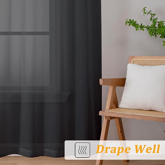 Gwine Black Sheer Curtains for Living Room 45 inches Long, Short Voile Light Filtering Window Treatments Sheer Curtains for Bedroom, Half Window Drapes with Rod Pocket, Each 42" Wx45 L