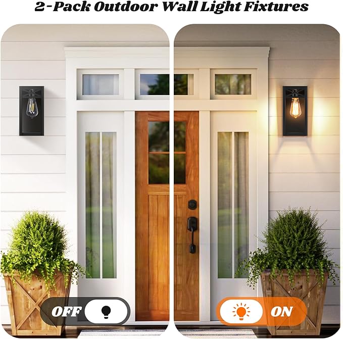 Outdoor Wall Light Fixtures, Exterior Waterproof Lanterns, Black Porch Lights with Glass Shade, Sconces Wall Mount Lighting with E26 Socket, Anti-Rust Wall Lamps for Patio Front Door Entryway, 2-Pack