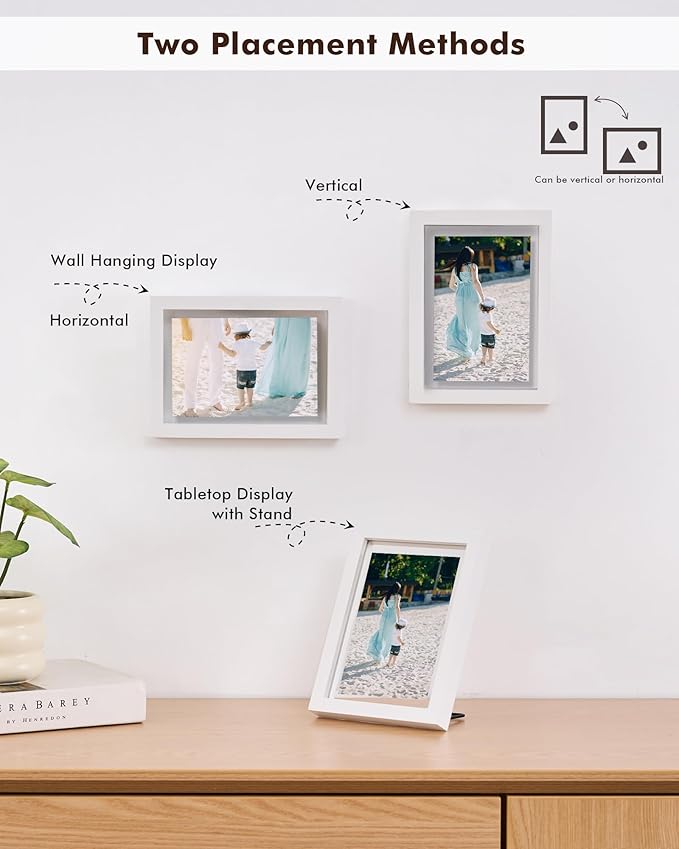 DLQuarts 5x7 Floating Picture Frames for 4x6/3.5x5 Photos, 2-Pack Solid Wood Double Polished Glass Floating Frame for Wall & Tabletop, Postcards and Any Size Photo up to 5x7 Display, White