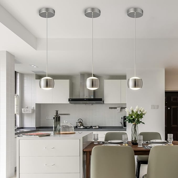 Modern LED Dimmable Pendant Light fixtures,Mini Island Pendant Lighting for Kitchen Island Dinning Room,Bedroom,Bar, Kitchen Island Ceiling Hanging Light Fixtures(Chrome-1-Pack)