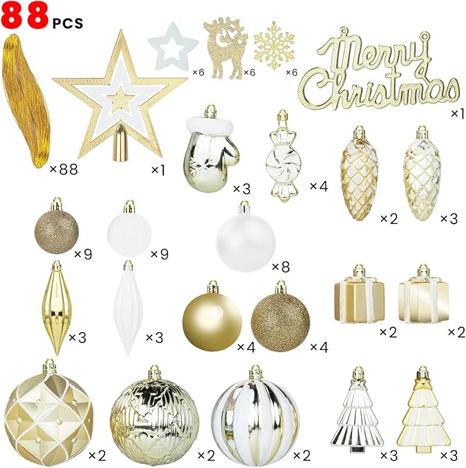 LARAINE Christmas Balls Ornaments 88 Pcs Decorations for Christmas Tree, Assorted Shatterproof Hanging Ball Variety Gift Set of Holiday Party Wedding Decoration (Gold)